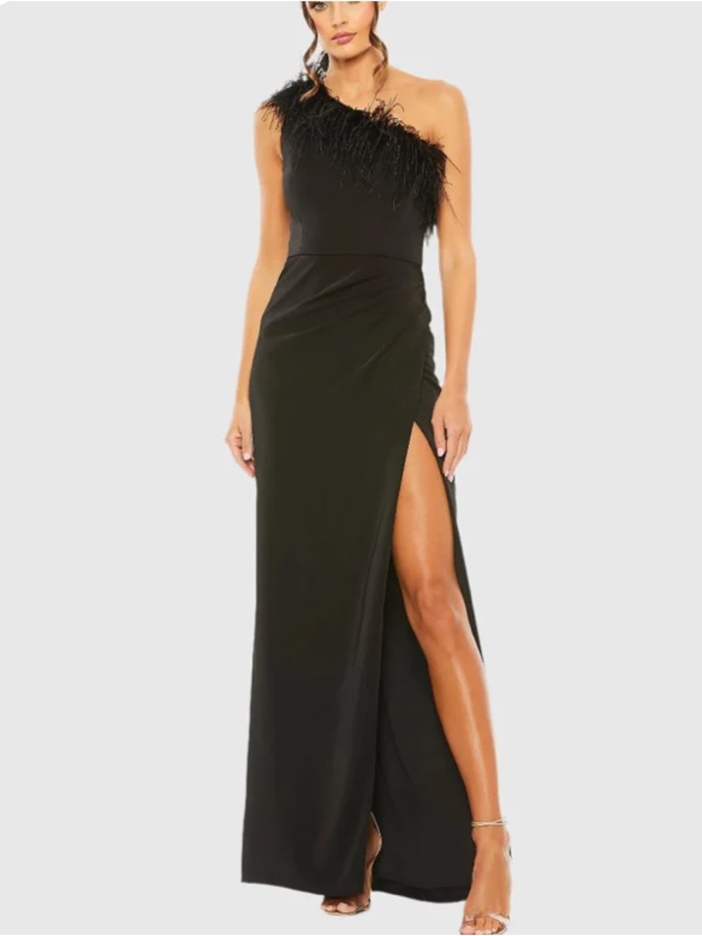 Mac Duggal | Feather trim one shoulder draped dress